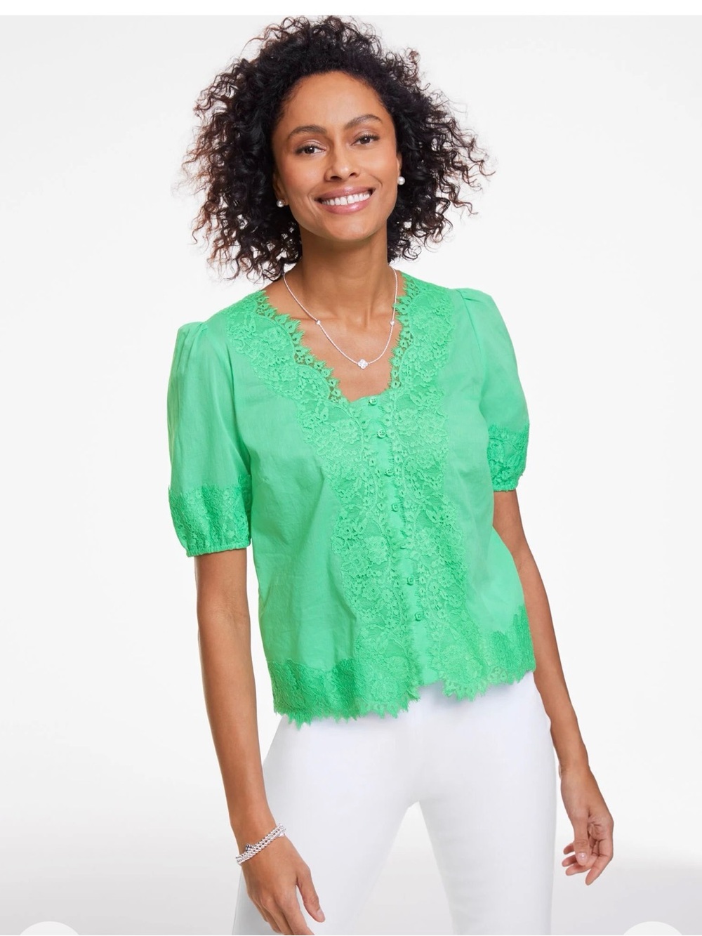 Talbots Lace Trim Voile Elbow Scalloped Hem Button Placket Feminine Fomantic